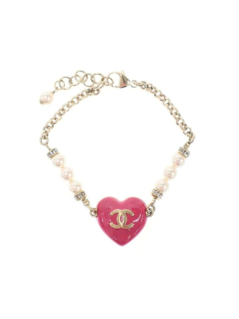 Chanel CC Logo Heart Pearl Bracelet Pink Gold